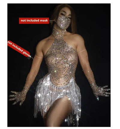 Elastic Mesh Net Perspective Crystal Leotard Singer Stage Outfit Female singer sexy Latin Dance Dress with Rhinestone Tassel