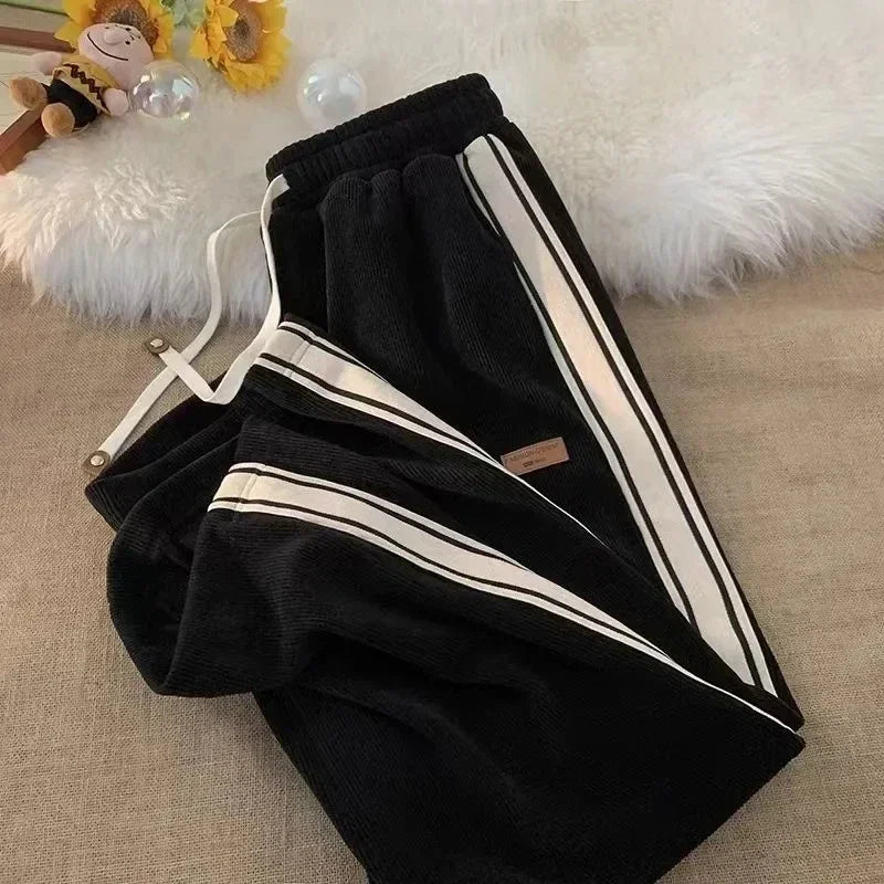 2024 Corduroy Striped Sweatpants Women Streetwear Thick Wide Leg Pants Y2K Harajuku High Waist Joggers Korean Baggy Trousers