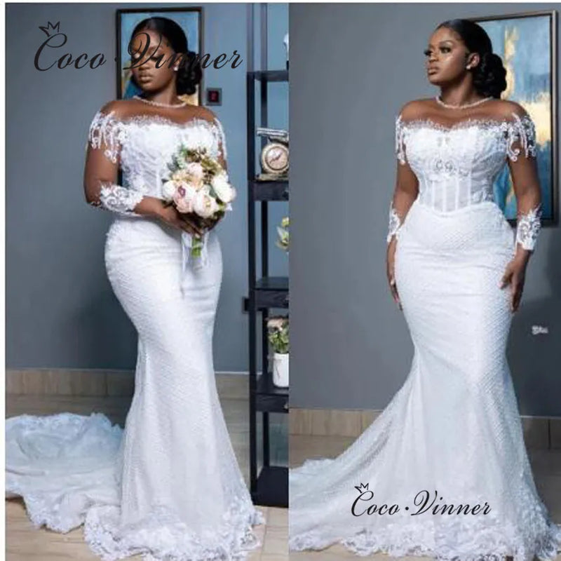 Customized 3/4 Sleeves Africa Style Mermaid Wedding Dresses 2024 Lace Appliques Beading Plus Size Bride Wedding Dress W1039