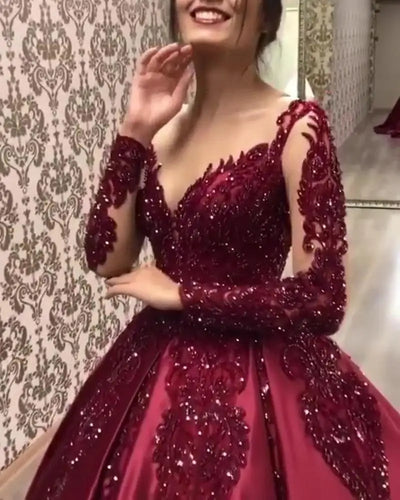 Wedding Dress Women V Neck Sexy Sequin Floral Floor Length A Line Dresses Full Sleeve High Waist Elegant Gown Vestidos