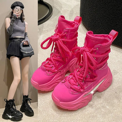 Women Ankle Boots Autumn Chunky Shoes Woman High Platform Breathable Sneakers Thick Sole Wedges Motorcycles Boots