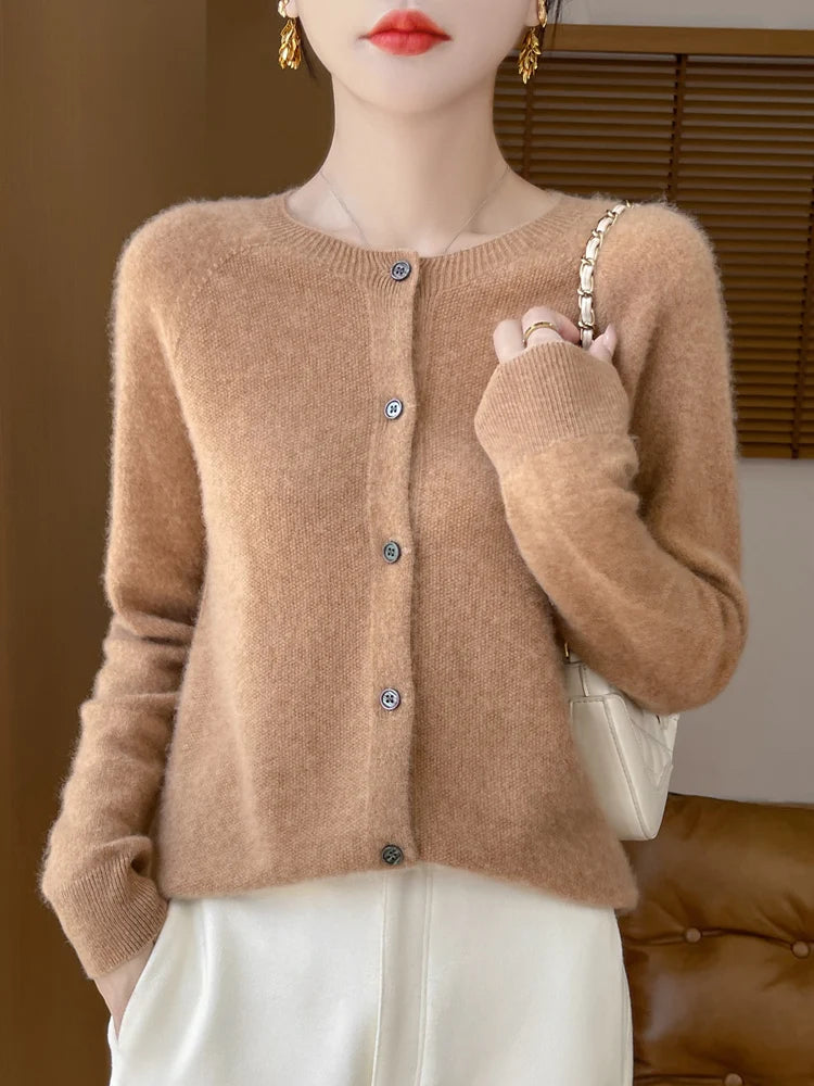 Autumn Winter Women 100% Merino Wool Sweater O-Neck Solid Color Cardigan Long Sleeve Clothing Cashmere Knitwear Bottoming Tops