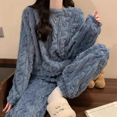 Thickened Warm Sleepwear for Winter Women Flannel Suit Student Pajamas Homewear Tops and Pants Striped Nightwear Loungewear