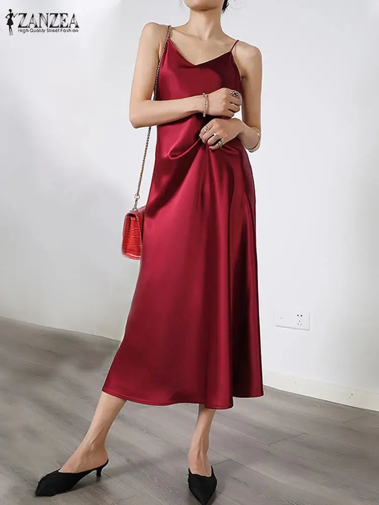 ZANZEA 2023 Stylish Party Dress Womens Summer Sundress Spaghetti Strap Split Maxi Vestidos Female V Neck Robe Oversize Dresses