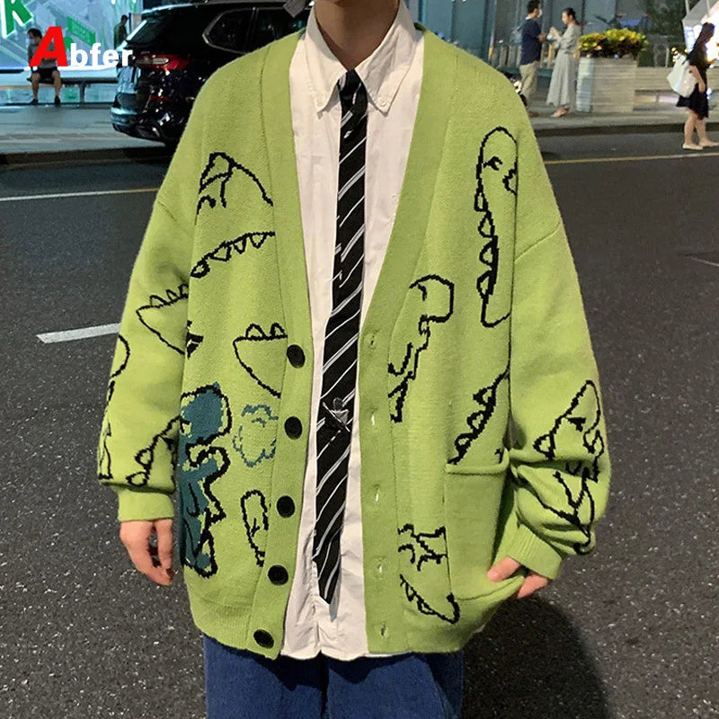 Abfer Autumn Oversize Cardigan Men Knitted Dinosaur Sweater Streetwear Loose Male Women Coat 2021 Doodle Hip Hop Pattern Winter