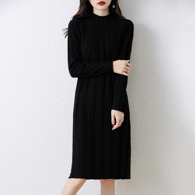 100% Merino Wool Women's Knitted Dress, Crew Neck, Stripes, Casual, Fashionable, Warm, Mid-Length, Autumn/Winter 2024