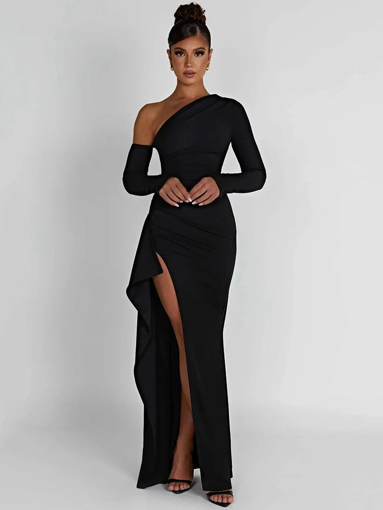 Mozision Oblique Shoulder Thigh High Split Maxi Dress Women Long Sleeve Backless Bodycon Sexy Club Party Long Dress Vestidos