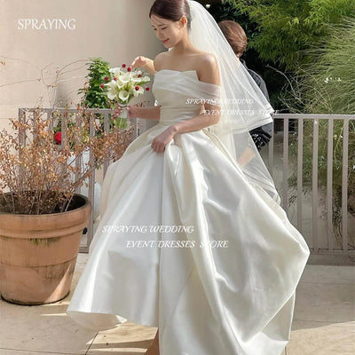 SPRAYING Korean Wedding Photography Customized Simple Off the Shoulder Satin Wedding Dress Floor-Length Long Corset Wedding Robe