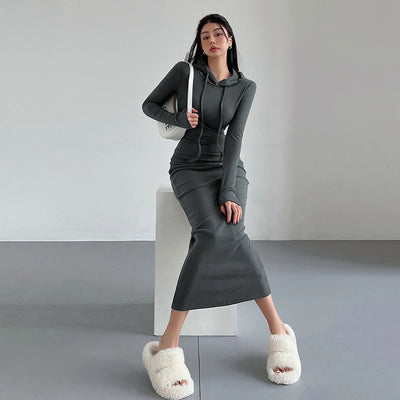 Hooded Midi Dress Women Solid Ins Casual Wrapped Streetwear Vintage Dresses