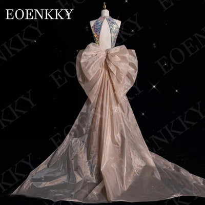 EOENKKY Halter Sparkly Evening Dress Mermaid Style Luxury Sequin Backless Wedding Party Dresses Detachable Train Sleeveless