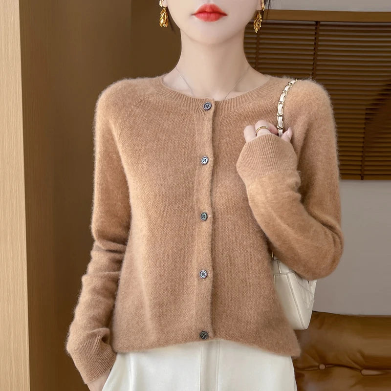 Autumn Winter Women 100% Merino Wool Sweater O-Neck Solid Color Cardigan Long Sleeve Clothing Cashmere Knitwear Bottoming Tops