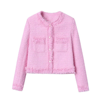 Pink Fringe Fur Shoulder Pad Tweed Jacket Blazer Boucle Crop Coat for Women 2023 Spring