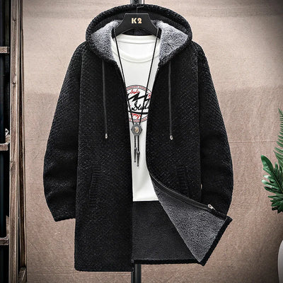 Men's Cardigan Cashmere Long Coat Sweaters with Hoods Autumn Winter New Fleece Warm Solid SweaterCoat Windbreaker Men Clothing