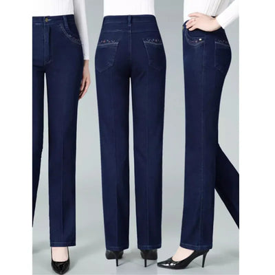 High waisted Elastic Embroidery Jeans 38 For women's Spring Autumn Slim Casual Straight leg pants Female Cotton Denim Trousers