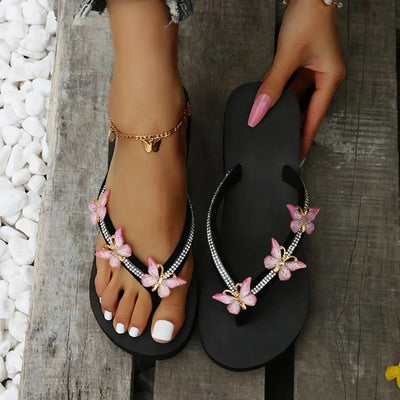 Women's Wedge Flip Flops Sandals Comfortable Sole Flip Flops Stylish Rhinestone Butterfly Wedge Flip Flops for Women Platform