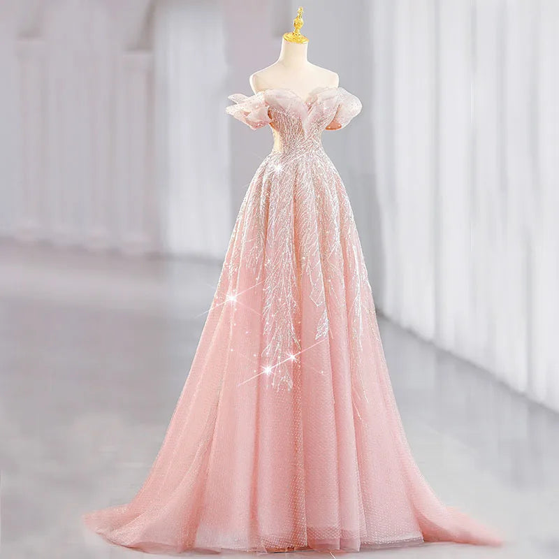 DongCMY Dreamy Pink On The Run Princess Evening Dress Female High-end Engagement Dress Elegant Wedding Party Dress For Women