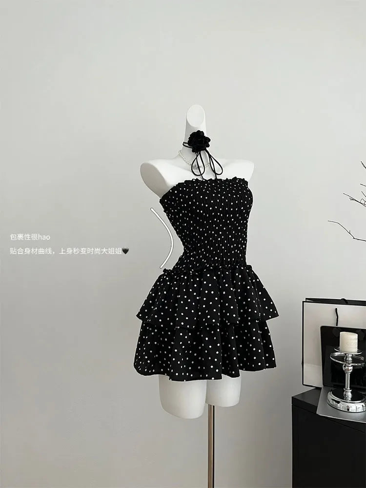 French Elegance Black Dot Print Strapless Dress Women Design Slim Chest wrapping One-Piece Frocks 3D Flower Halter Sexy Gyaru