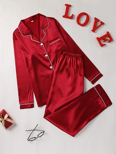 Solid Pajama Set Long Sleeve Button Up Lapel Top & Pants Pj Set Women's Sleepwear & Loungewear