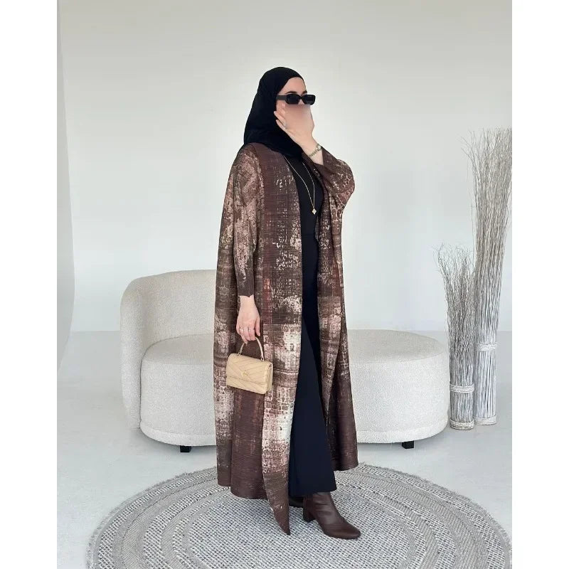 Miyake Pleated Print Foldable Collar Long Sleeved Trench Coat for Women 2024 New Winter Original Designer Fashion Cardigan Dress