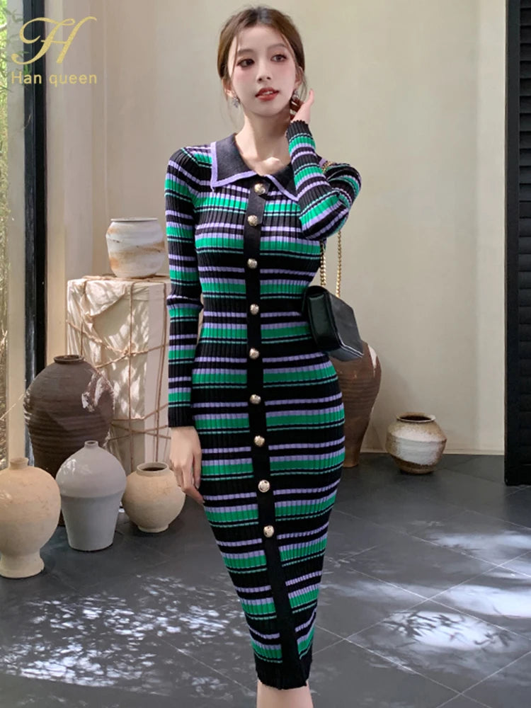 H Han Queen Stripes Chic Fashion Sexy Package Hips Buttons Knitted Autumn Dress Women Slim Elastic Bodycon Party Dresses