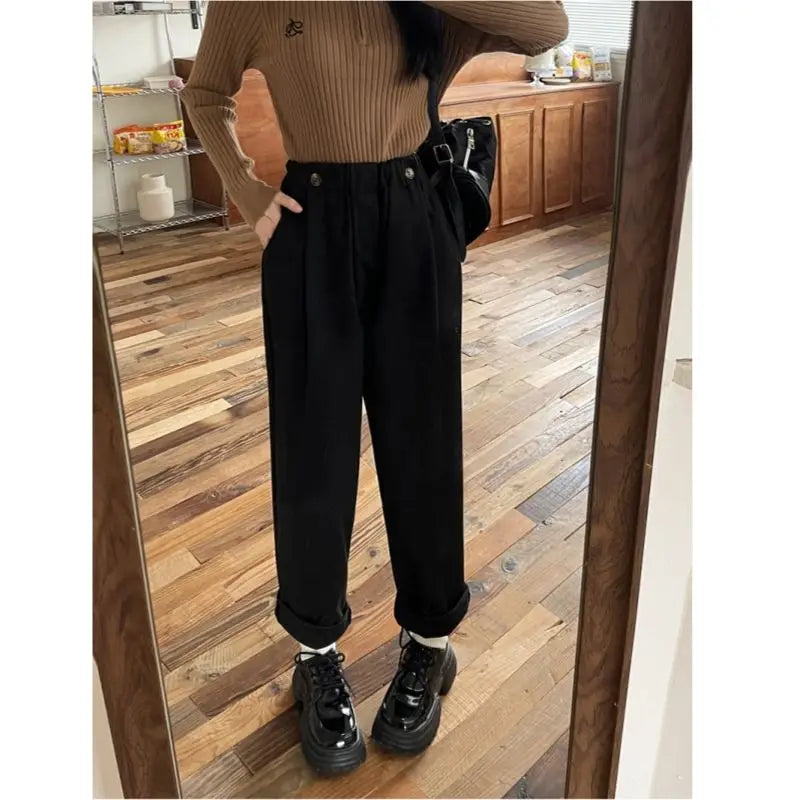 Women Autumn Winter Simplicity Loose Woolen Cloth Solid Color High Waist Straight Women Clothes All-match Warm Casual Suit Pants