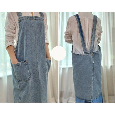 Korean Lady Dress Denim Apron For Woman Cotton Fabric Garden Kitchen Baking Cooking Aprons Household Cleaning Accessories