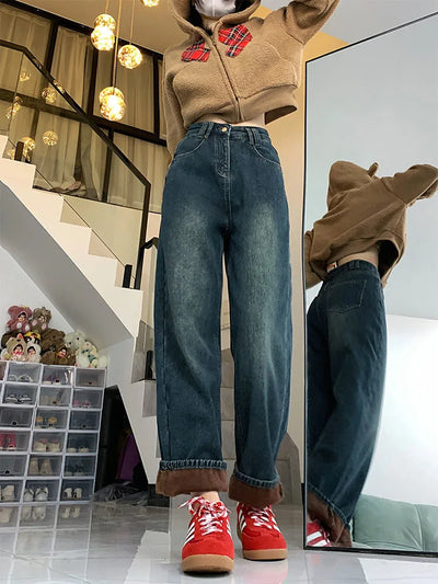 Winter Warm Women Jeans Fashion Slim Thicken Fleece Pants High Waist Elastic Skinny Velvet Plus Length Female Denim Trousers