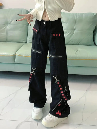 Star Print Jeans Female Y2K Stitching American Street Retro Straight Zipper Pants Campus Summer Harajuku Loose Jeans