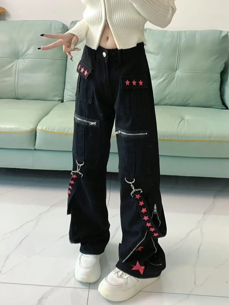 Star Print Jeans Female Y2K Stitching American Street Retro Straight Zipper Pants Campus Summer Harajuku Loose Jeans