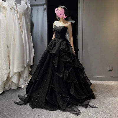 Customized Temperament Black Elegant Wedding Party Dresses Strapless Tiered Draped Prom Robe 2025 New Ball Gown Formal Dress Wom