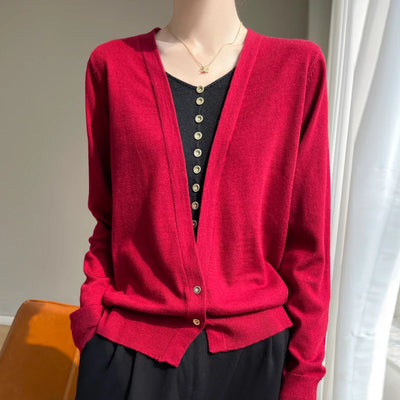 Fall/Winter 2024 New 100% Merino Wool Fashion Knitted Cardigan Women's V-neck Colour-matching Shirt Wearing a Knitwear