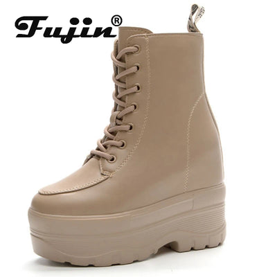 Fujin 10cm 12cm Women Casual PU Leather Woman Platform Wedge Ankle Boots Spring Autumn Shoes Chunky Sneakers Winter Plush  Shoes