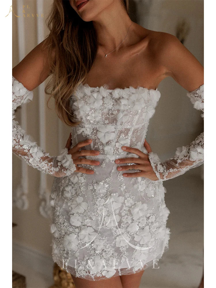 Luxury Beaded Short Wedding Dresses Saudi Arabia Lace Floral Appliques Long Sleeves Bridal Gown Mini Prom Party Dress Customized