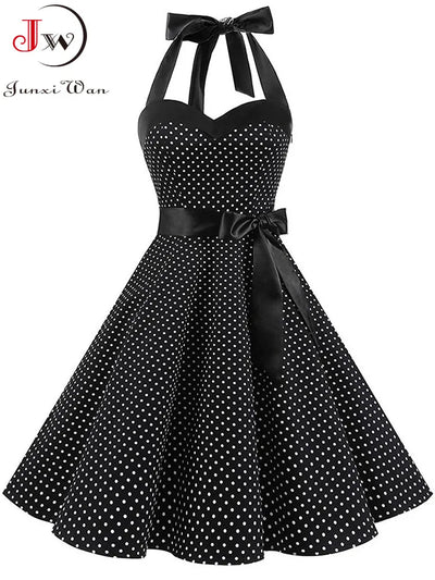 Women Polka Dot Print Summer Dress Sexy Retro White Halter Vintage Dress Robe Femme Pin Up Rockabilly Party Dress