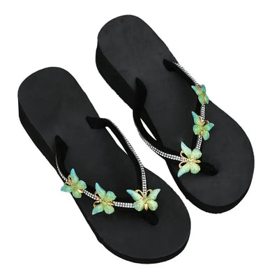 Women's Wedge Flip Flops Sandals Comfortable Sole Flip Flops Stylish Rhinestone Butterfly Wedge Flip Flops for Women Platform