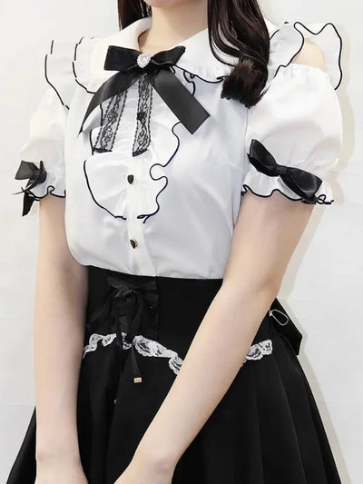 Sweet Lolita Fashion All Match Blouses Women Japanese Summer Y2k Aesthetic Ruffled Bow Shirts Girly Kawaii Patchwork Tops Blusas