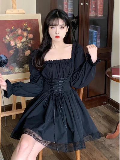 2024 Spring New Sweet and Fashionable Womens Princess Cute Lolita Hepburn Style Little Black Dress Square Neck Tie Slimming AQW7