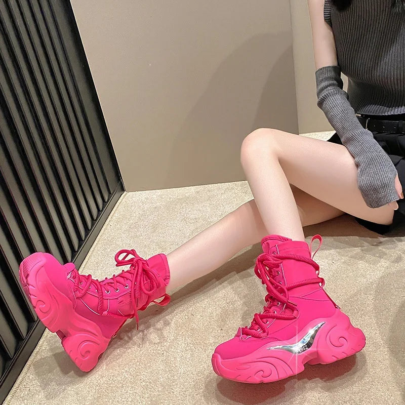 Women Ankle Boots Autumn Chunky Shoes Woman High Platform Breathable Sneakers Thick Sole Wedges Motorcycles Boots