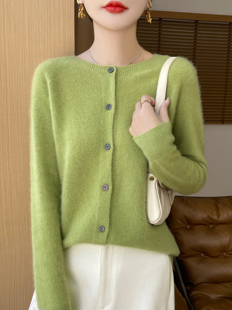 Autumn Winter Women 100% Merino Wool Sweater O-Neck Solid Color Cardigan Long Sleeve Clothing Cashmere Knitwear Bottoming Tops