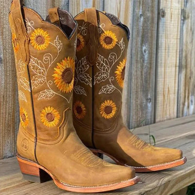 New Women Coffee Brown Embroidery Boots PU Leather Printed Western Cowboy Boots Deep V-mouth High Tube Casual Boots Classic