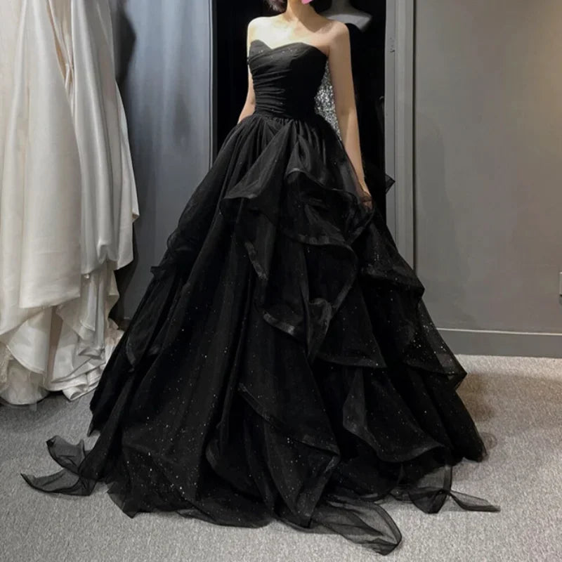 Customized Temperament Black Elegant Wedding Party Dresses Strapless Tiered Draped Prom Robe 2025 New Ball Gown Formal Dress Wom