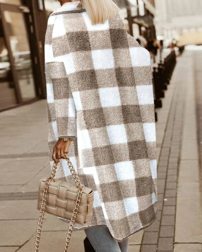 Winter Coat for Women 2023 Autumn Fashion Plaid Pattern Fuzzy Casual Turn-Down Collar Long Sleeve Daily Longline Cardigan Coat