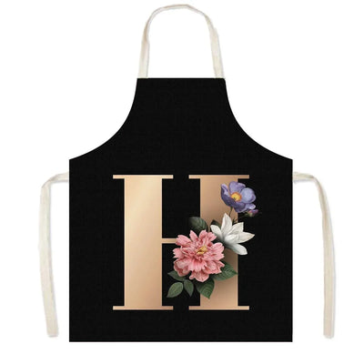 26 Initials Flower Print Kitchen Apron A-Z Letter Women Cooking Aprons BBQ Chef Waiter Home Baking Cleaning Tool Pinafore