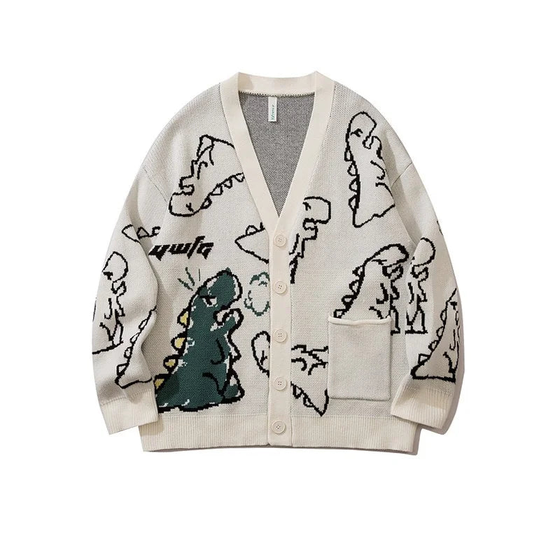 Abfer Autumn Oversize Cardigan Men Knitted Dinosaur Sweater Streetwear Loose Male Women Coat 2021 Doodle Hip Hop Pattern Winter