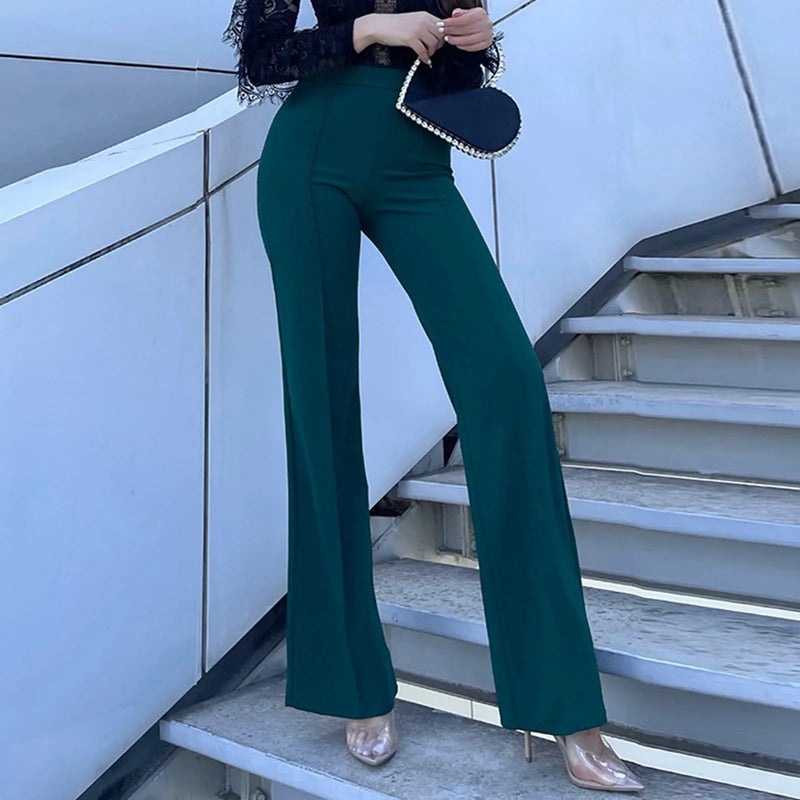 Women Fashion Office Wear White Flare Pants Solid Color High Waist Sexy Slim Pants Elegant Casual Work Daily Elastic Trousers