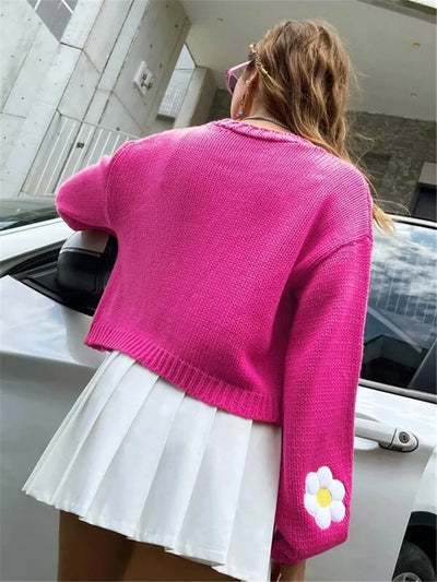 European and American women's autumn new sweet flower pattern sweater cardigan loose short knitted women's sweater jacket