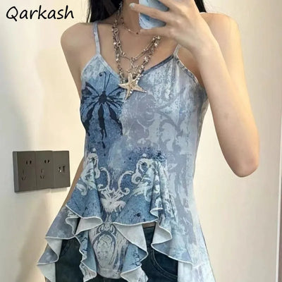 Asymetrical Tanks Camis for Women Niche Design Summer Personality Girls Clothing Fashion Tie Dye Outwear Casual Chic Students