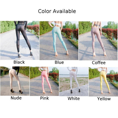 Sexy Women's Silky Transparent Leggings Solid Candy Color High Elastic Sheer Ultra-Thin Skinny Trousers Leggings Female Clothing