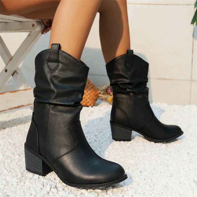 Female Western Boots Cowboy Boots Women  Women Ankle Boots Pu Leather Shoes Autumn Boots Women Booties Lady Plus Size 42