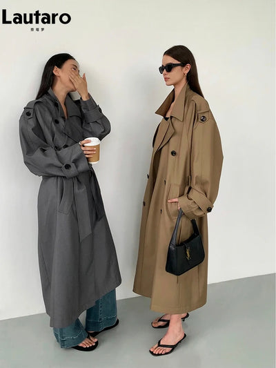 Lautaro Spring Autumn Oversized Khaki Long Grey Trench Coat for Women Double Breasted Loose Casual Korean Fashion Overcoat 2024